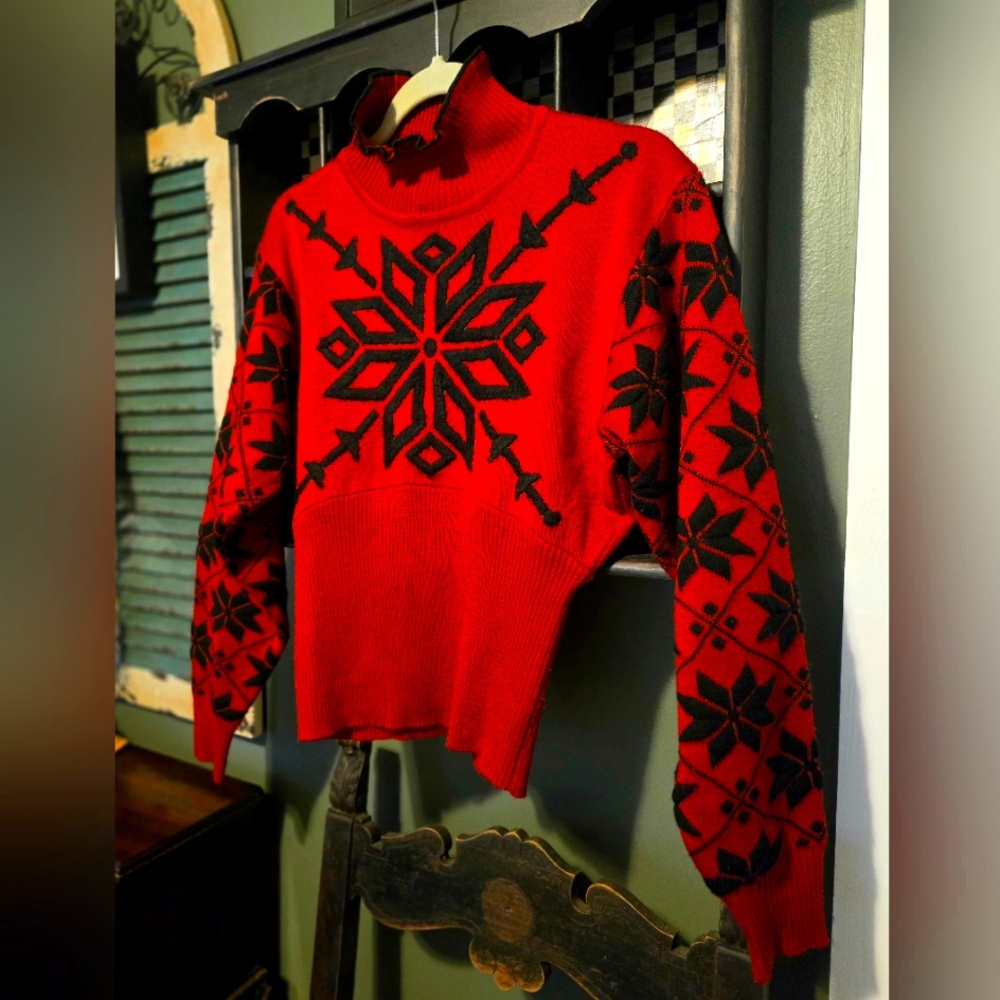 NILS Authentic Vintage 80s Ski Sweater Skater Red Blk Wool Blend sz M Snowflake